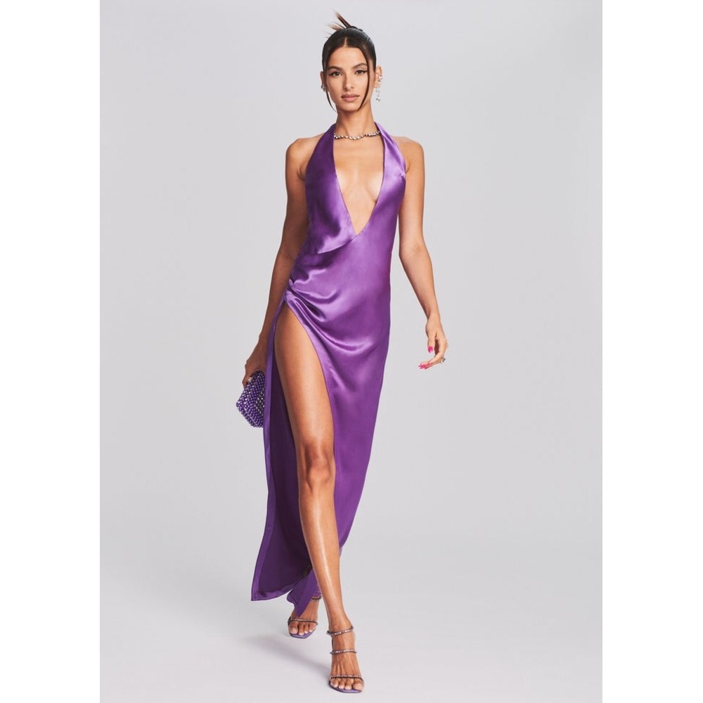 NWT Retrofete Valeria Dress Orchid Purple Satin Halter High Slit Deep V Maxi L